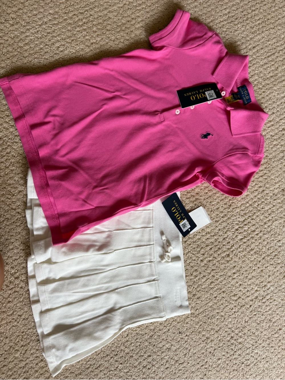 Ralph Lauren Hot Pink Polo Shirt with White Pleated Skirt Set